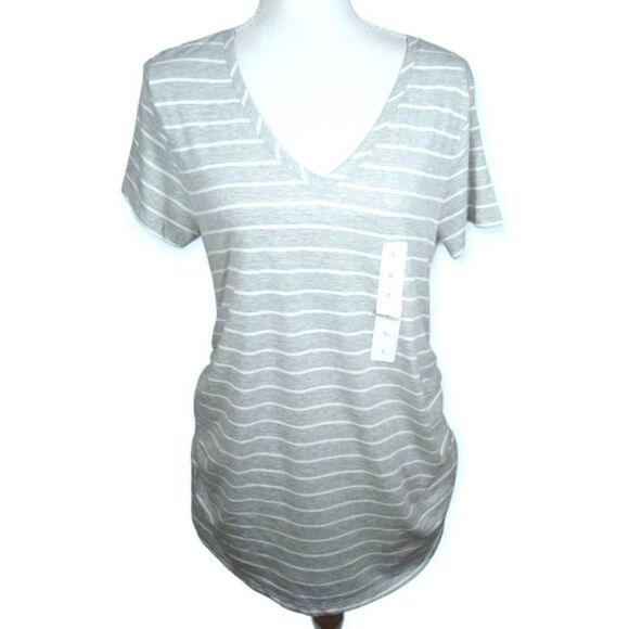 ISABEL MATERNITY BY INGRID & ISABEL GRAY & WHITE STRIPE V-NECK T-SHIRT SZ.L NWT - Picture 3 of 8